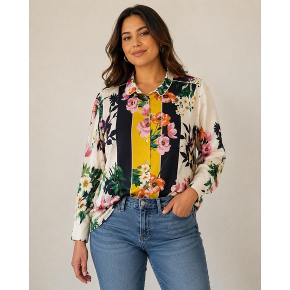 Johnny Was Tops - Johnny Was Andrea silk blouse Womens Size XS Mixed Print Boho Classic Eclectic